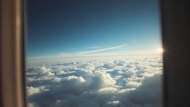 Cloudscape view through abstract window frame, aerial perspective with soft focus.