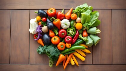 Fresh vegetables arranged in heart shape on rustic wooden table with warm natural tones and soft lighting.