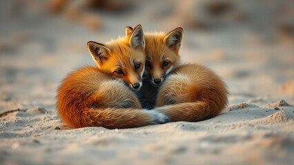 Fototapeta premium Two fox cubs nestled together on sandy shore, bathed in soft morning light with detailed fur textures.