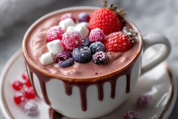 Overflowing mug of chocolate drink topped with fresh fruit and marshmallows chocolate drizzles