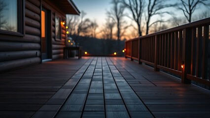 Wooden deck at twilight with a warm ambient glow and serene atmosphere.