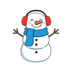 Adorable winter snowman icon, cheerfully adorned with colorful earmuffs and a stylish blue neck scarf