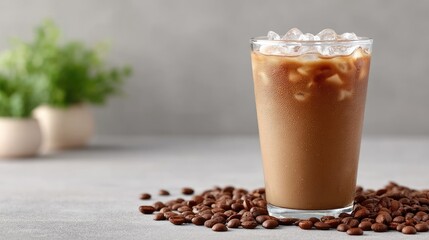 Iced Coffee in Glass with Coffee Beans on Gray Table and Green Plant Background Refreshing Summer Drink in Studio Lighting