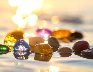 Colorful stones on water at sunset