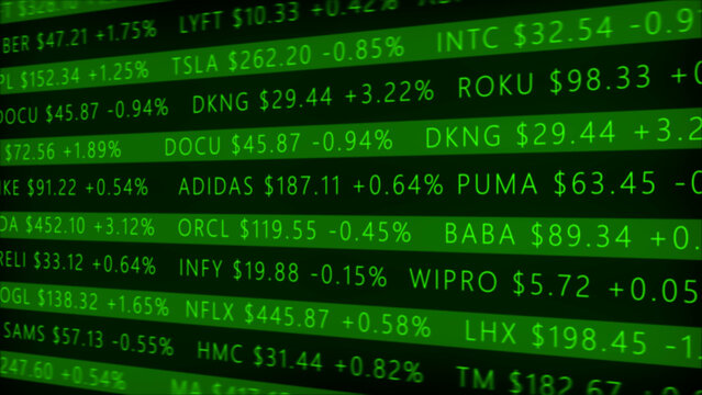 Stock Market Ticker Display with Green Glowing Text and Financial Data Keywords: stock market, stock ticker, financial data, stock prices, stock exchange, trading, investment, finance, business