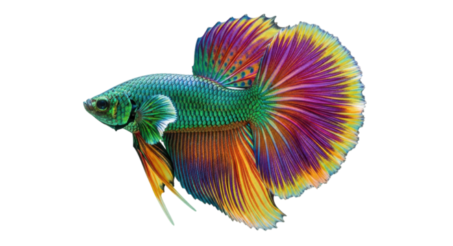 Isolated vibrant betta fish gracefully swimming, colorful fins fanning; a captivating aquatic display