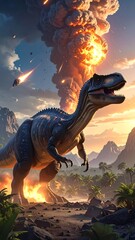 Dinosaur amidst volcanic eruption