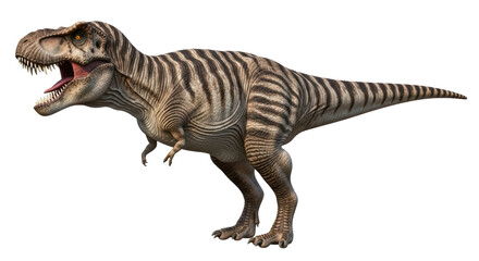 Fototapeta premium Isolated Tyrannosaurus Rex Roaring, Ancient Predator with Dark Stripes, Full Body