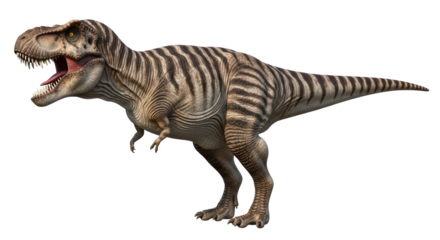 Isolated Tyrannosaurus Rex Roaring, Ancient Predator with Dark Stripes, Full Body