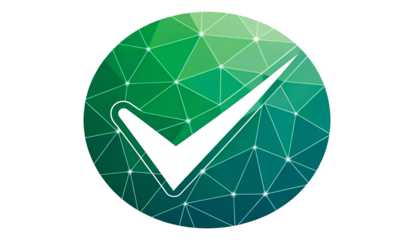 Digital verified check mark icon over geometric network for technology, approval, and secure validation design