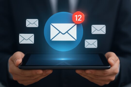 Tablet held by user showing email notification icon with unread messages and glowing blue interface