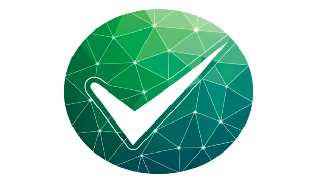 Digital verified check mark icon over geometric network for technology, approval, and secure validation design