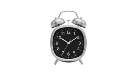 Isolated silver metal alarm clock, analog face shows nearly 10 o'clock time on black face