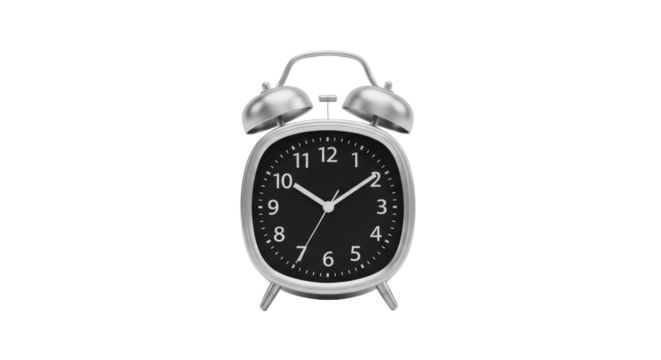 Isolated silver metal alarm clock, analog face shows nearly 10 o'clock time on black face