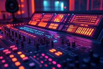 Fototapeta premium Neon Audio Sound Mixing Board in a Vibrant, Technological Studio