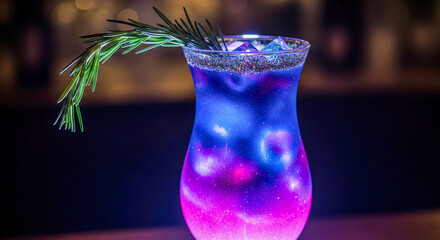 Stunning galaxy cocktail with rosemary garnish, magical purple and pink sparkling drink in tall glass, creative cosmic beverage for summer party or bar menu.