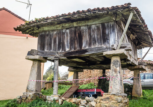 Horreo, historic wooden granary on a pillars in Guerres, small village in Asturias region, Spain