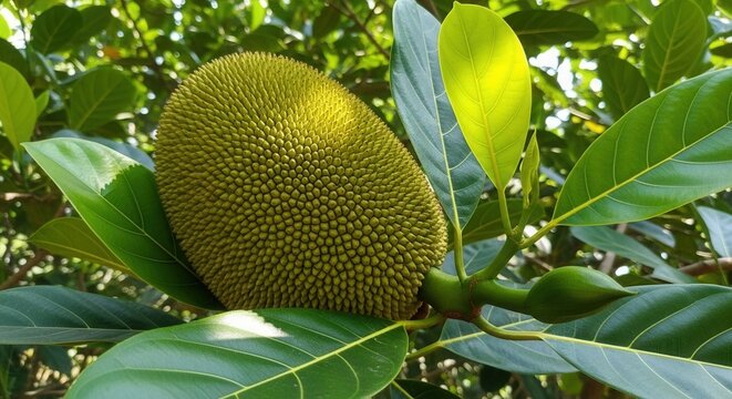Close-up of a Jackfruit Growing on a Tree with green leaves surrounded in tropical environment