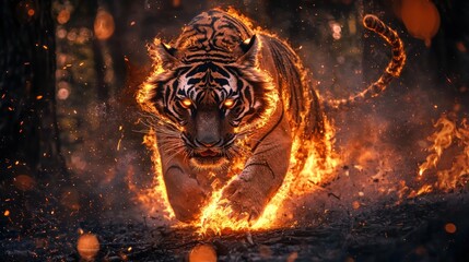 Tiger running through flames