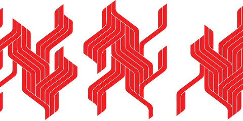 Repeating pattern of red, stylized, interwoven lines on a white background, creating an abstract, geometric design.