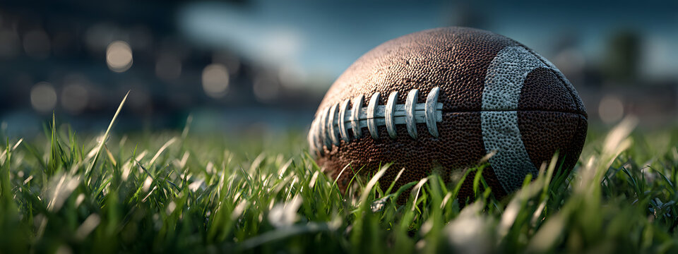 Rugby ball at green grass at sunny day, illustration, banner with copy space. - Powered by Adobe