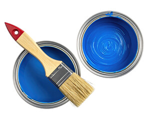 Two open paint cans of vibrant blue, with a paintbrush lying across them