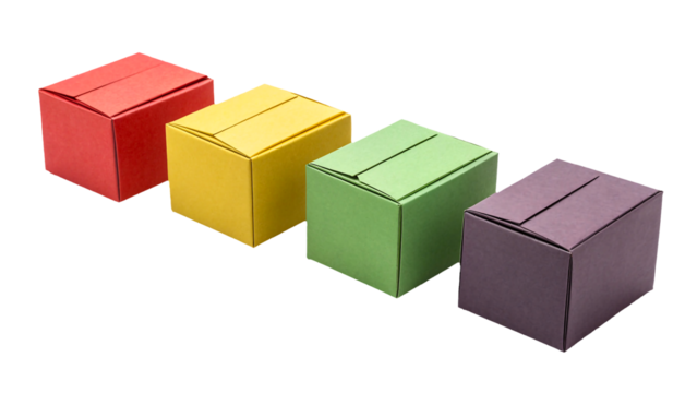 Colorful cardboard packaging boxes arranged in a row for branding and storage design