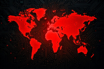 Glowing red neon world map outline on dark circuit board, futuristic concept of global network, internet connection or digital communication