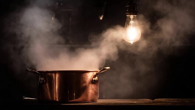 Copper Pot Steaming Under Warm Incandescent Light in Dark Kitchen.