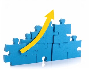 Blue puzzle pieces form a rising graph, with a yellow arrow indicating growth