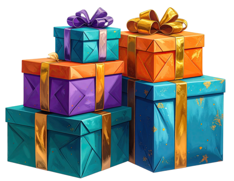 Stacked gift boxes in vibrant colors, gold ribbons, and patterned wrapping