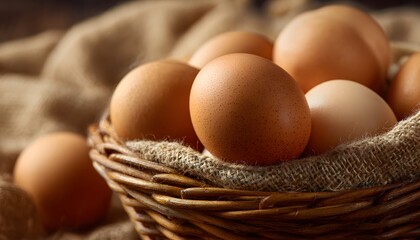 Fresh eggs in basket with morning sunlight