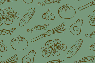 Seamless pattern with vegetables print. Good for textile, surface design, wallpapers, kitchen vibes, vegetarian posters, menu and recipes