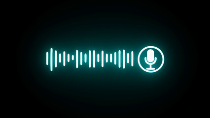 Cyan neon microphone icon with glowing sound wave on dark background audio voice