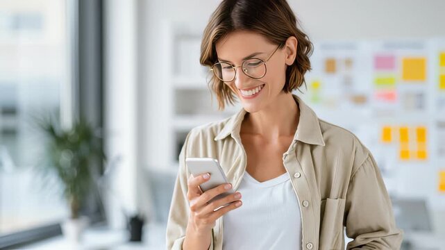 Young Woman Using Smartphone for Social Media Insights in Modern Office Environment