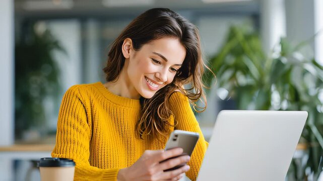 Young Woman Smiling at Smartphone in Modern Workspace, Lifestyle Content, Bright Environment