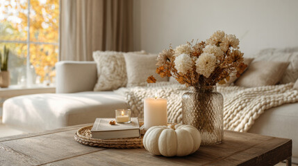 A warm, cozy living room scene with a knit blanket, lit candles, a white pumpkin, and a glass vase filled with fall flowers