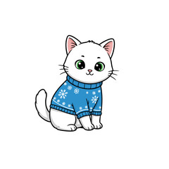Adorable White Kitten in Blue Knit Sweater