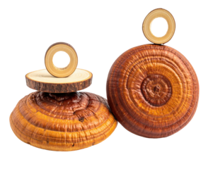 Two stacked wooden rings atop textured mushroom caps