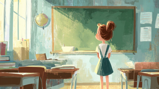 illustration of a young girl standing alone in a vintage classroom, gazing at the chalkboard with curiosity