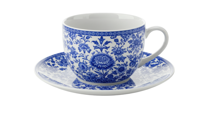 Blue and white floral teacup and saucer.