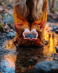 A serene scene of a person in a colorful dress holding a stone above a tranquil stream, reflecting warm light and surrounded by nature.