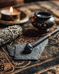 A serene arrangement featuring a candle, incense holder, sage bundle, and decorative elements on an ornate surface, evoking tranquility and mindfulness.