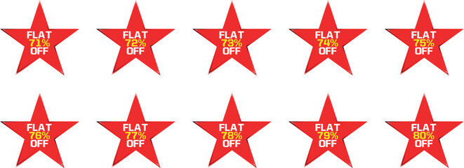 Fototapeta premium Ten red star badges with flat discount percentages from 71 to 80 percent off sale