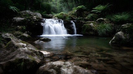 Fototapeta premium A serene waterfall cascades into a clear pool within a lush green forest