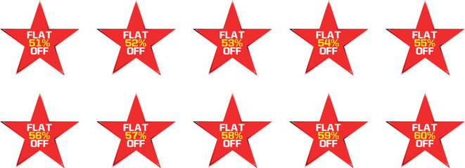 Fototapeta premium Ten Red Star Badges Displaying Flat Percentage Off Discounts from Fifty One to Sixty Percent sale