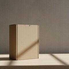 A plain cardboard box mockup sits on a wooden surface, illuminated by natural light, soft shadows against a minimalist background.