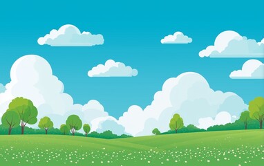 Fototapeta premium Colorful vector illustration of a spring landscape with a green grassy meadow, rolling hills, white flowers, blue sky
