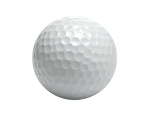 White golf ball, dimpled surface, perfect sphere