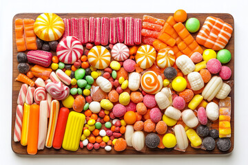 Colorful assortment of candies wooden board bright sweet festive sugar snack treat variety confectionery sugar coated chewy hard soft fruit flavor holiday celebration colorful round striped